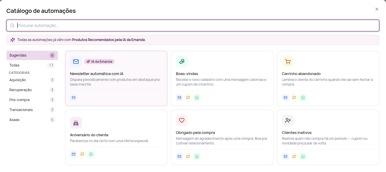 Catálogo de automações com as categorias à esquerda e os cards de cada automação com os canais disponíveis