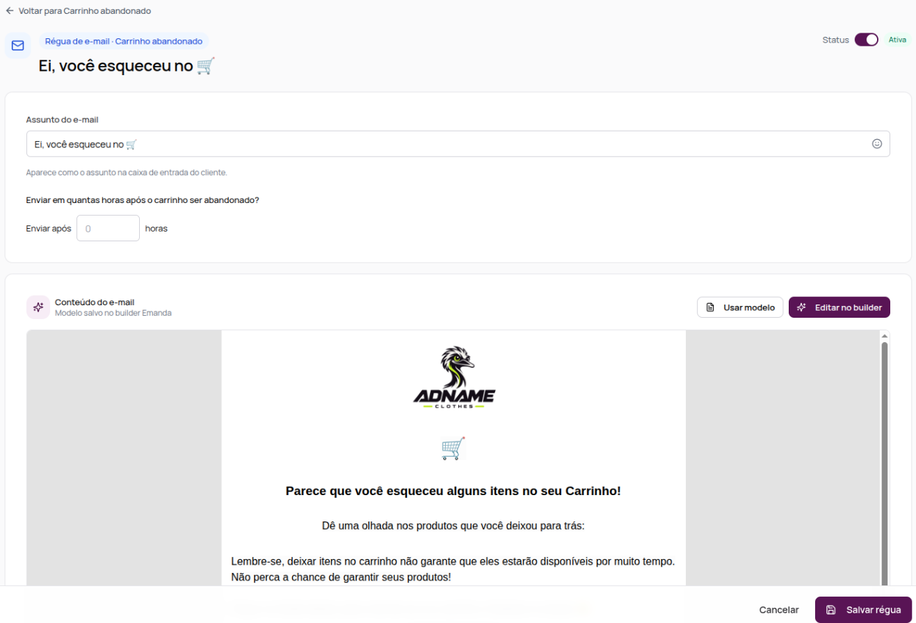 Editor da régua com status, assunto, tempo de envio e o conteúdo do e-mail