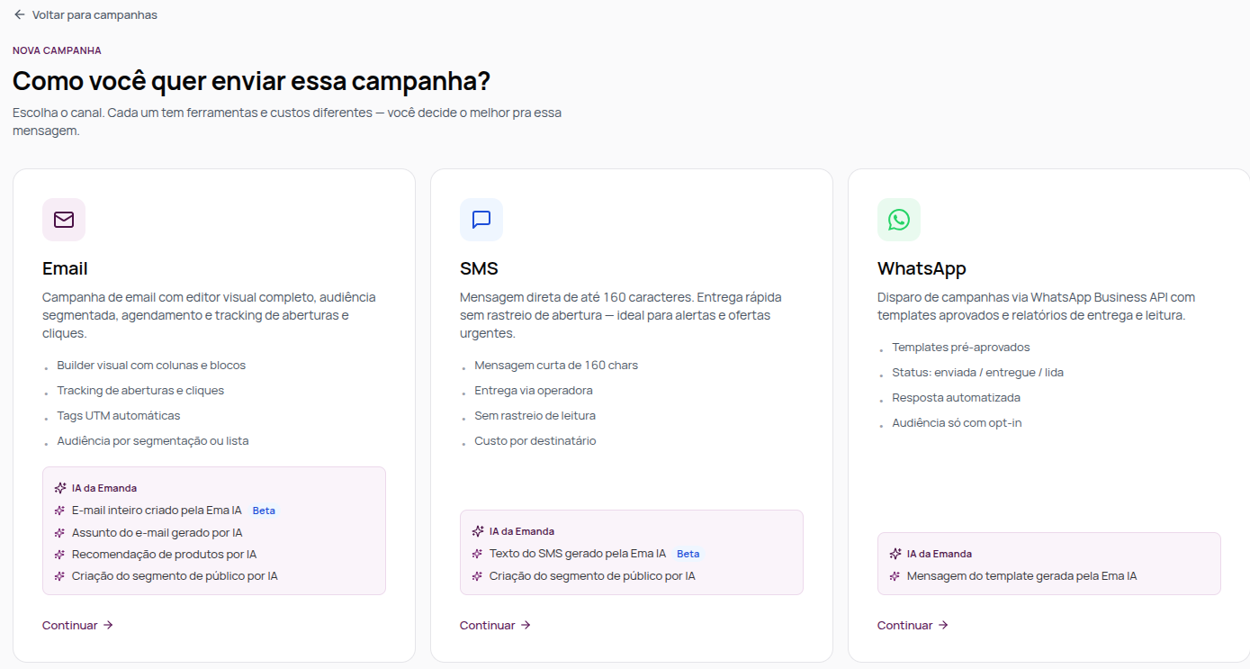 Tela Como você quer enviar essa campanha com as opções Email, SMS e WhatsApp