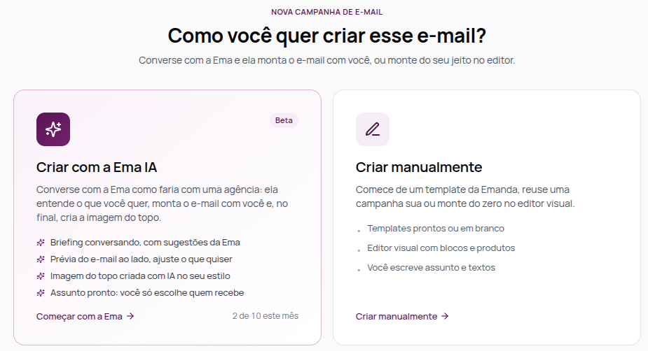 Opções Criar com a Ema IA e Criar manualmente