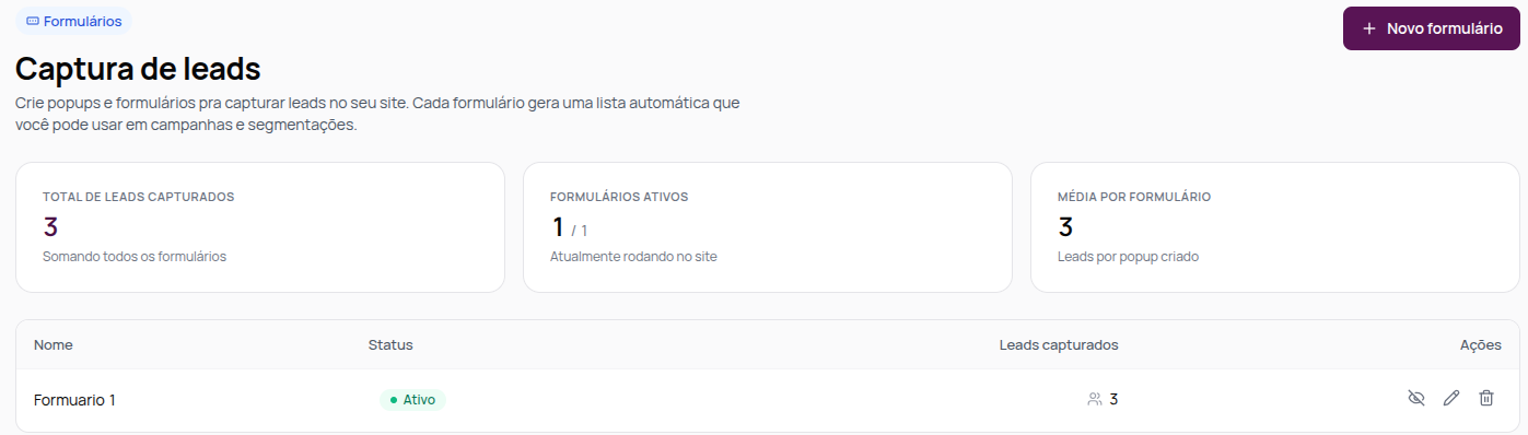 Tela Captura de leads com os totais e a lista de formulários