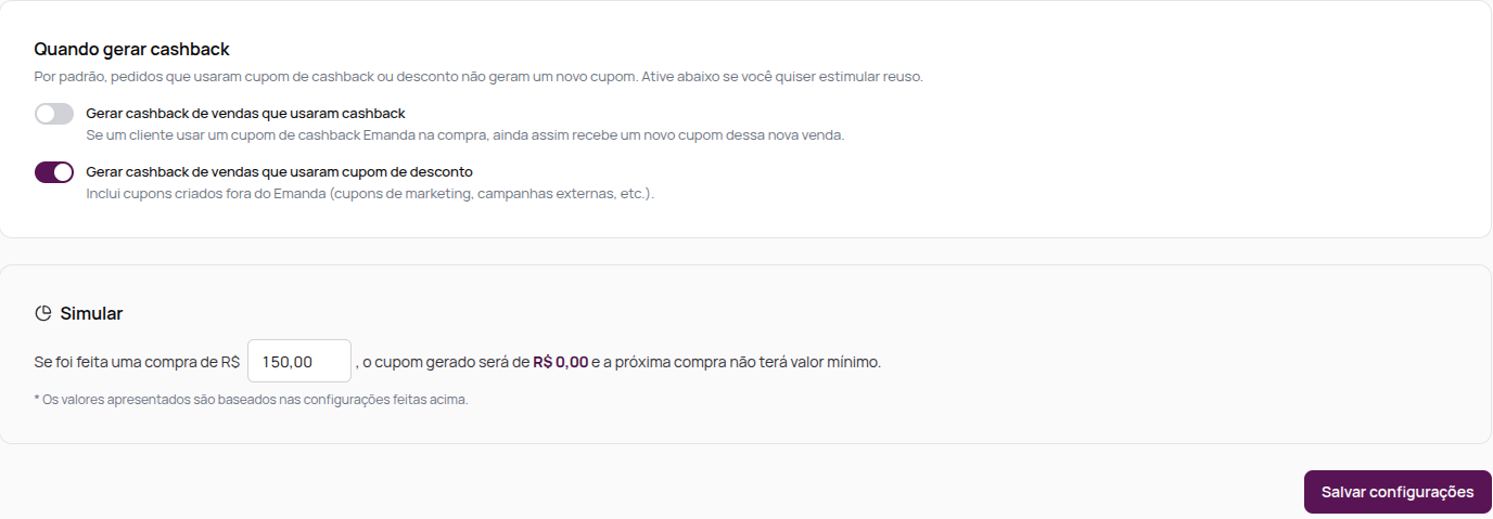Opções de quando gerar cashback, o simulador e o botão Salvar configurações