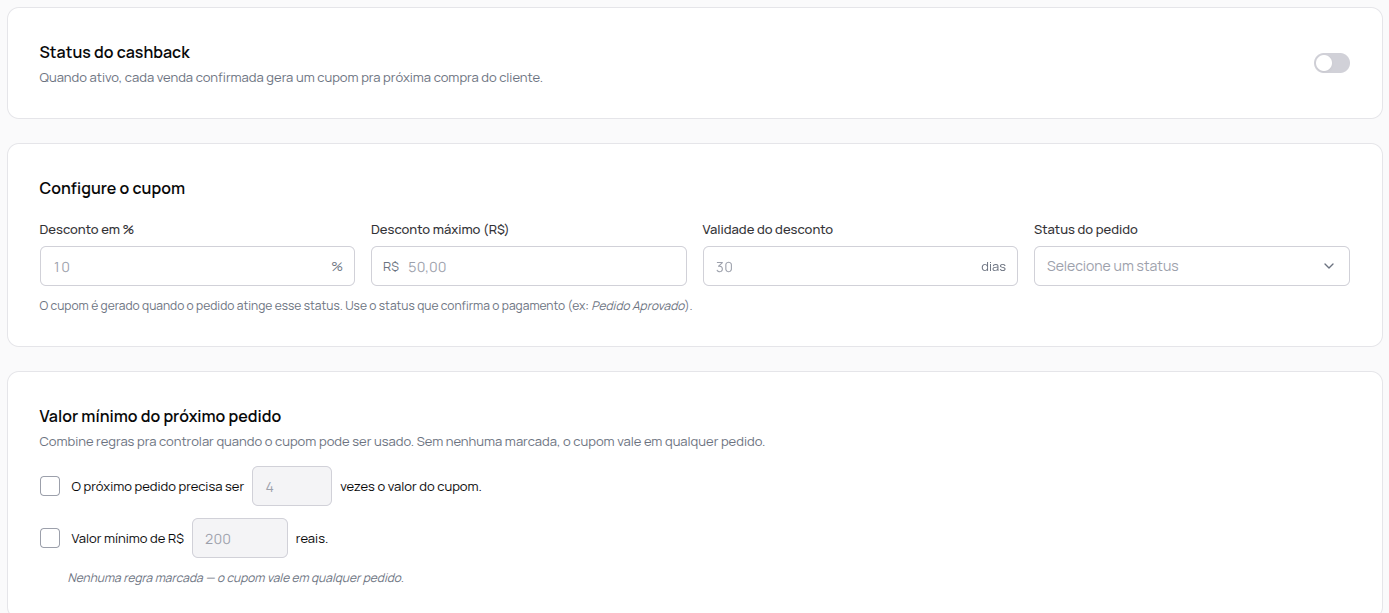 Status do cashback, Configure o cupom e Valor mínimo do próximo pedido