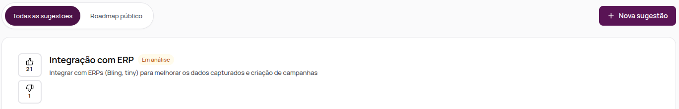 Abas Todas as sugestões e Roadmap público, o botão Nova sugestão e uma sugestão com os botões de voto