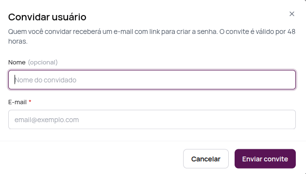Janela Convidar usuário com os campos Nome e E-mail e o botão Enviar convite