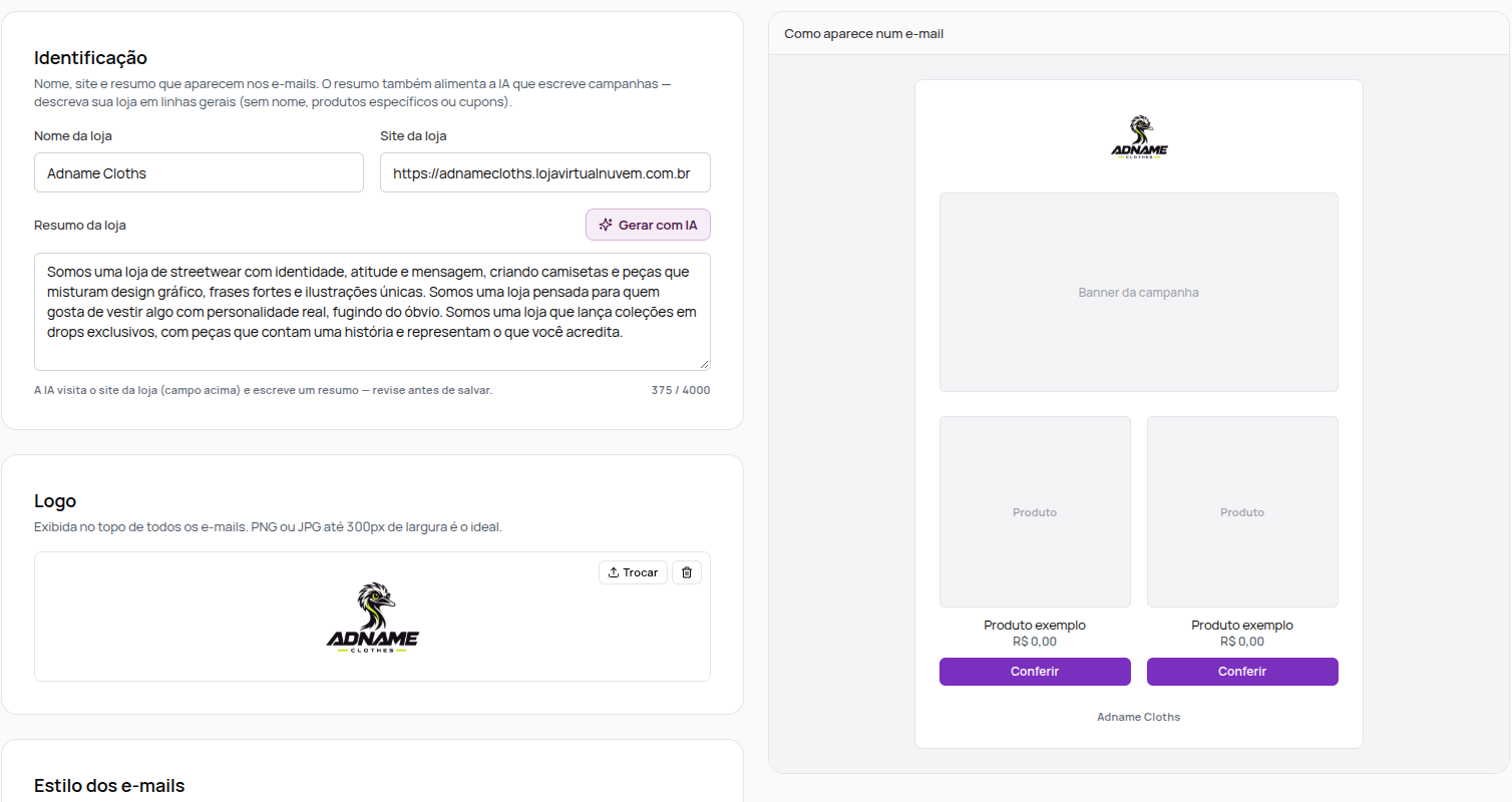 Seções Identificação e Logo da tela Minha marca, com a prévia do e-mail à direita