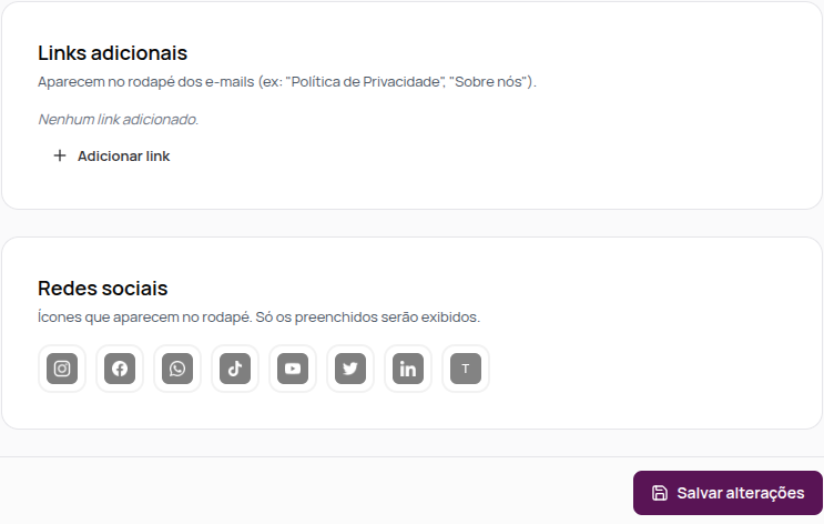 Seções Links adicionais e Redes sociais com o botão Salvar alterações