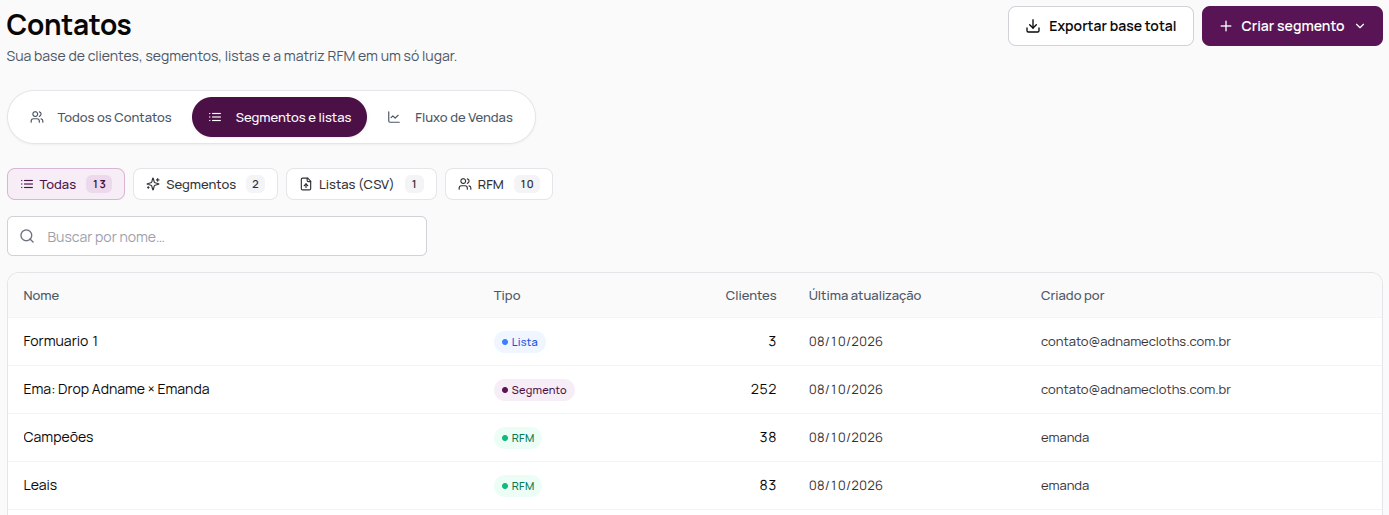Aba Segmentos e listas com os filtros por tipo e a lista de segmentos