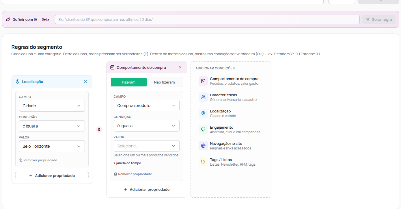 Regras do segmento com as colunas Localização e Comportamento de compra ligadas por E