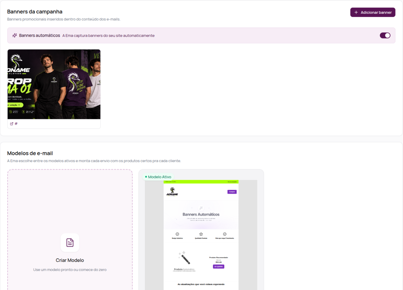 Seções Banners da campanha e Modelos de e-mail, com um banner e um modelo ativo