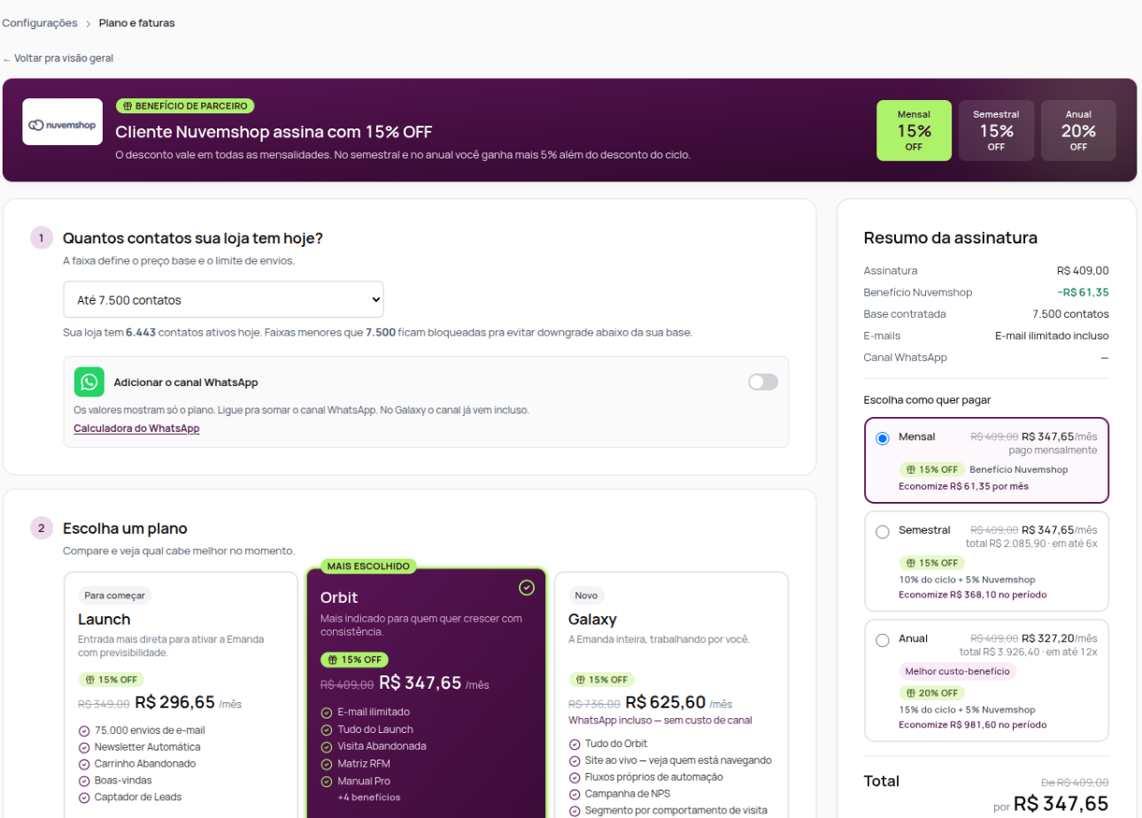 Faixa de contatos, opção de adicionar o WhatsApp e o resumo da assinatura
