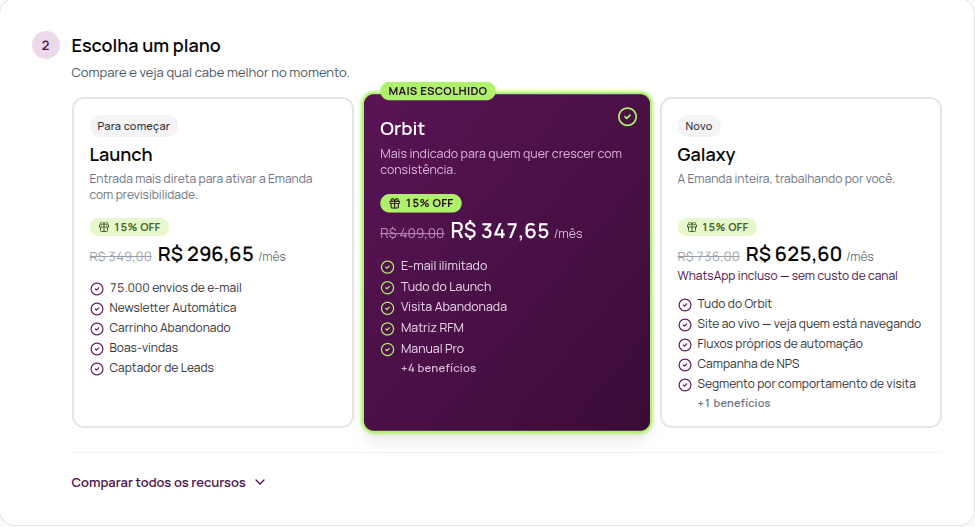 Cards dos planos Launch, Orbit e Galaxy com os principais recursos de cada um