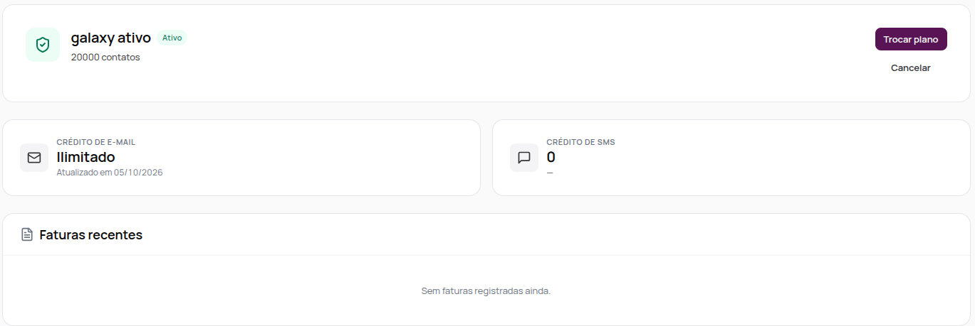 Visão geral de Plano e faturas com o plano atual, os créditos de e-mail e SMS e as faturas recentes
