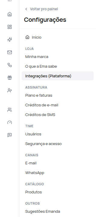 Menu de Configurações com a opção Integrações (Plataforma)