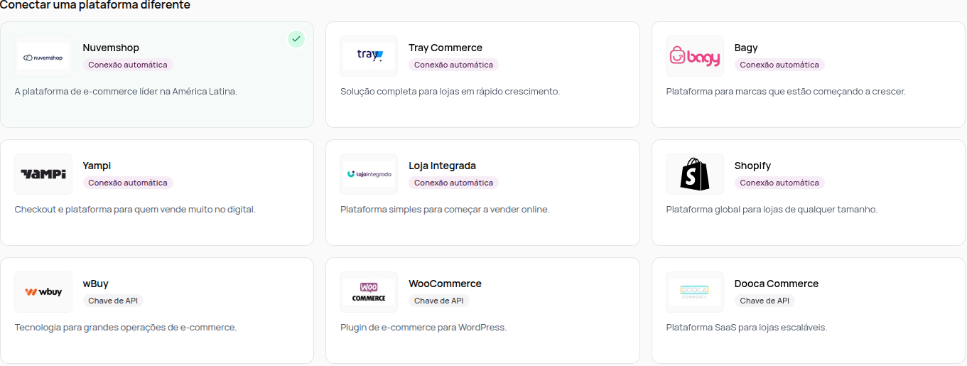 Cards das plataformas: Nuvemshop, Tray, Bagy, Yampi, Loja Integrada, Shopify, wBuy, WooCommerce e Dooca