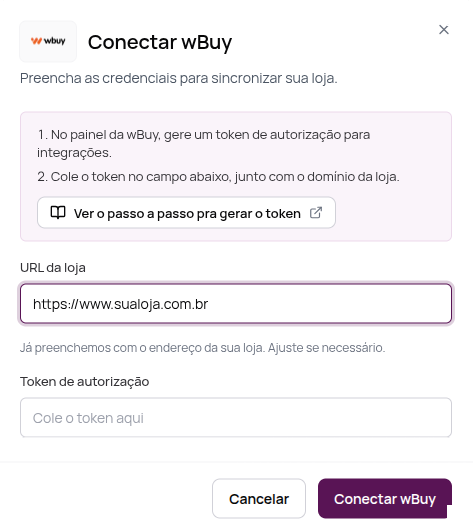 Janela Conectar wBuy com as instruções, a URL da loja e o campo Token de autorização