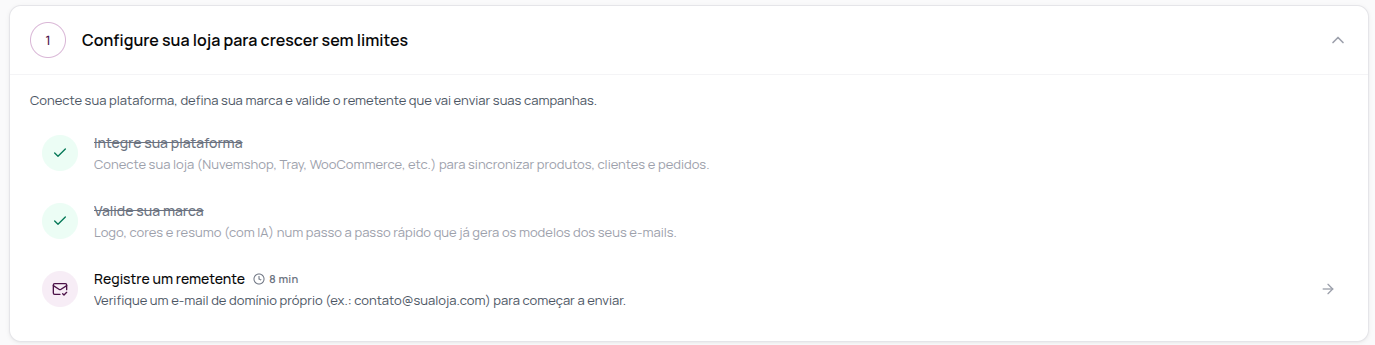 Grupo Configure sua loja com as tarefas Integre sua plataforma, Valide sua marca e Registre um remetente