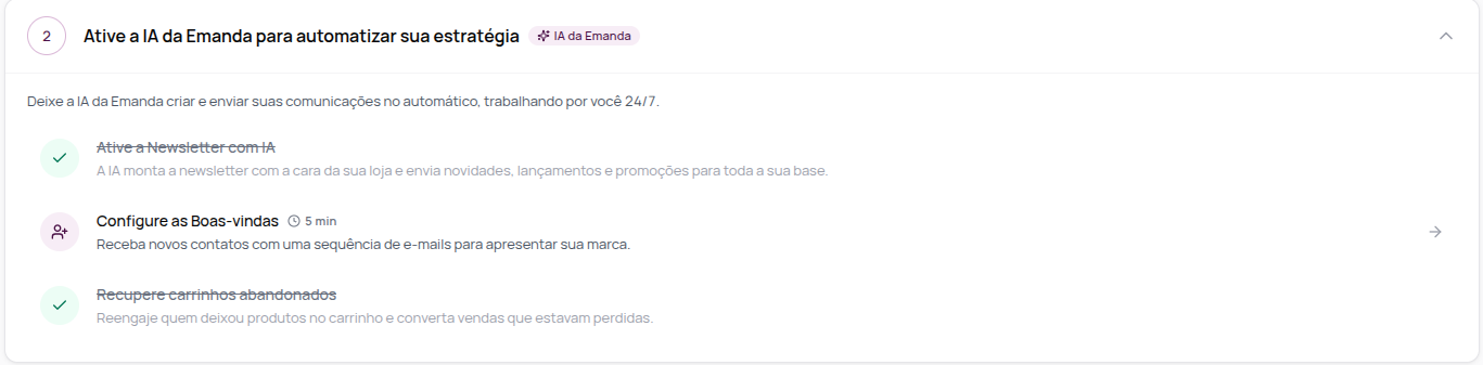 Grupo Ative a IA da Emanda com a newsletter, as boas-vindas e o carrinho abandonado