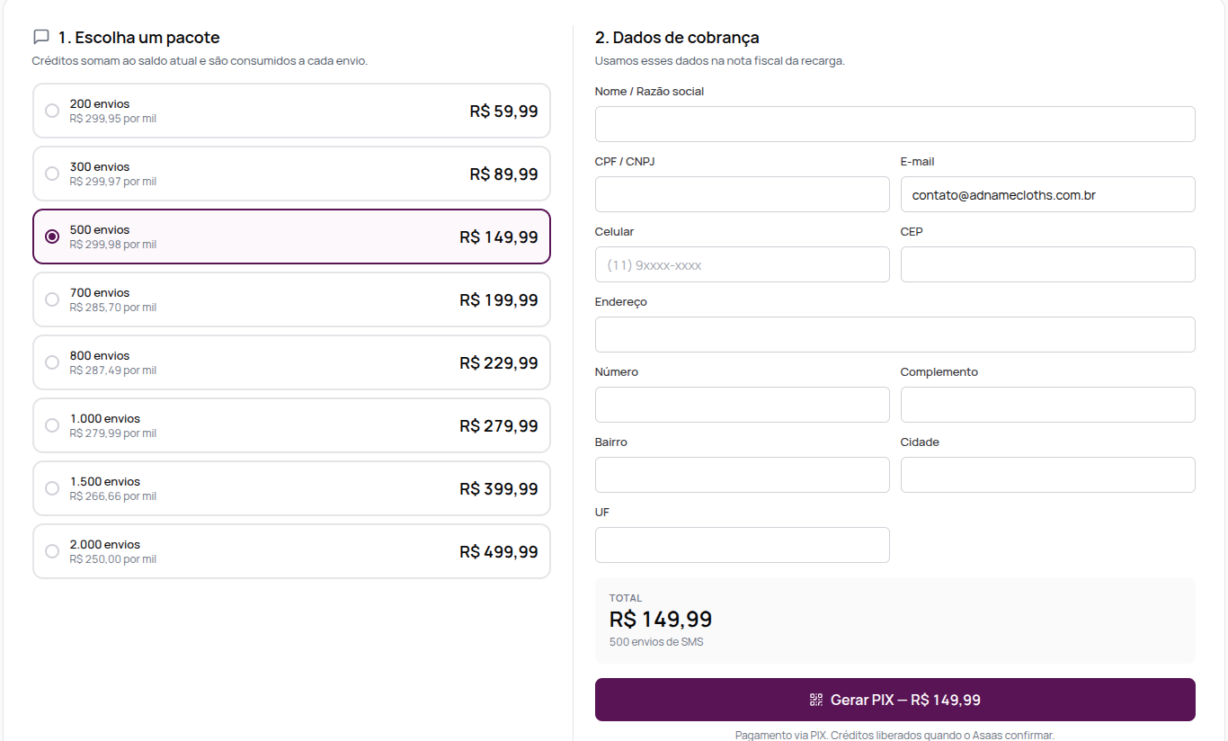 Tela Créditos de SMS avulso com a lista de pacotes, os dados de cobrança e o botão Gerar PIX