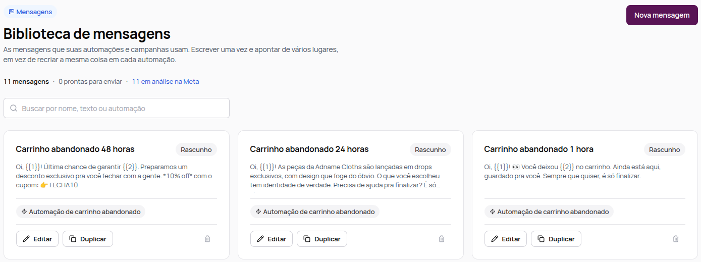 Biblioteca de mensagens com a busca e os cards de cada mensagem, com status, automação e os botões Editar e Duplicar