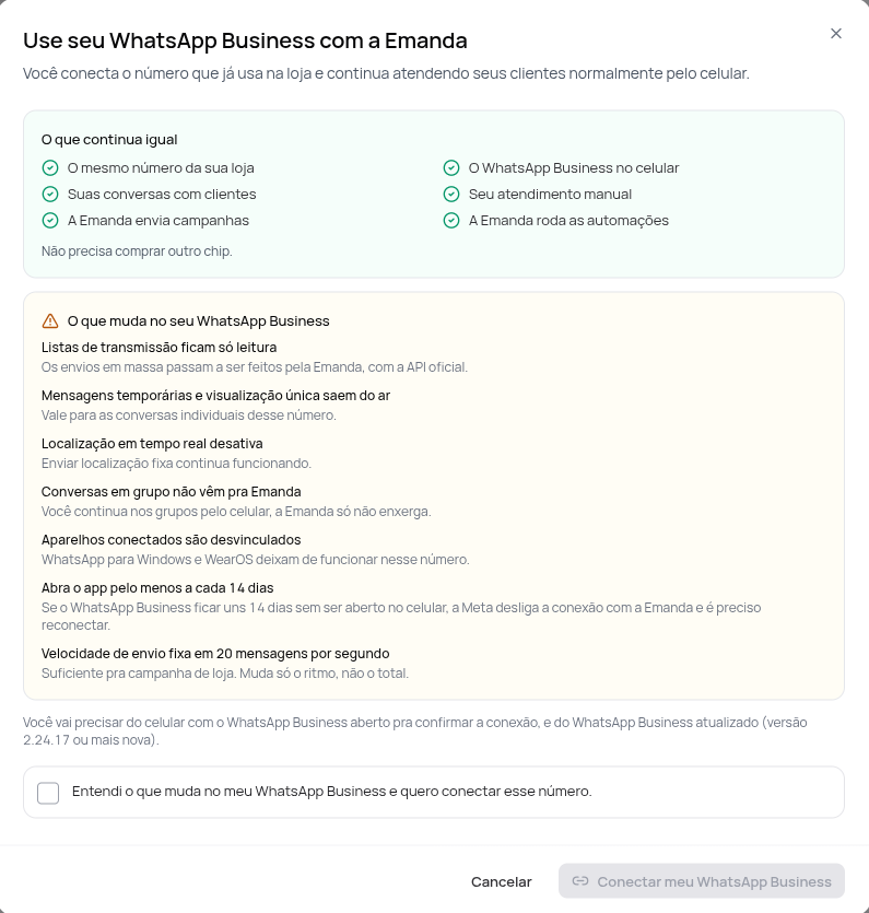 Janela Use seu WhatsApp Business com a Emanda com o que continua igual e o que muda