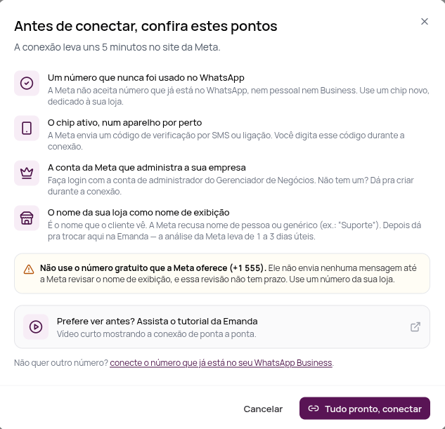 Janela Antes de conectar, confira estes pontos, com a lista do que é preciso para conectar um número novo